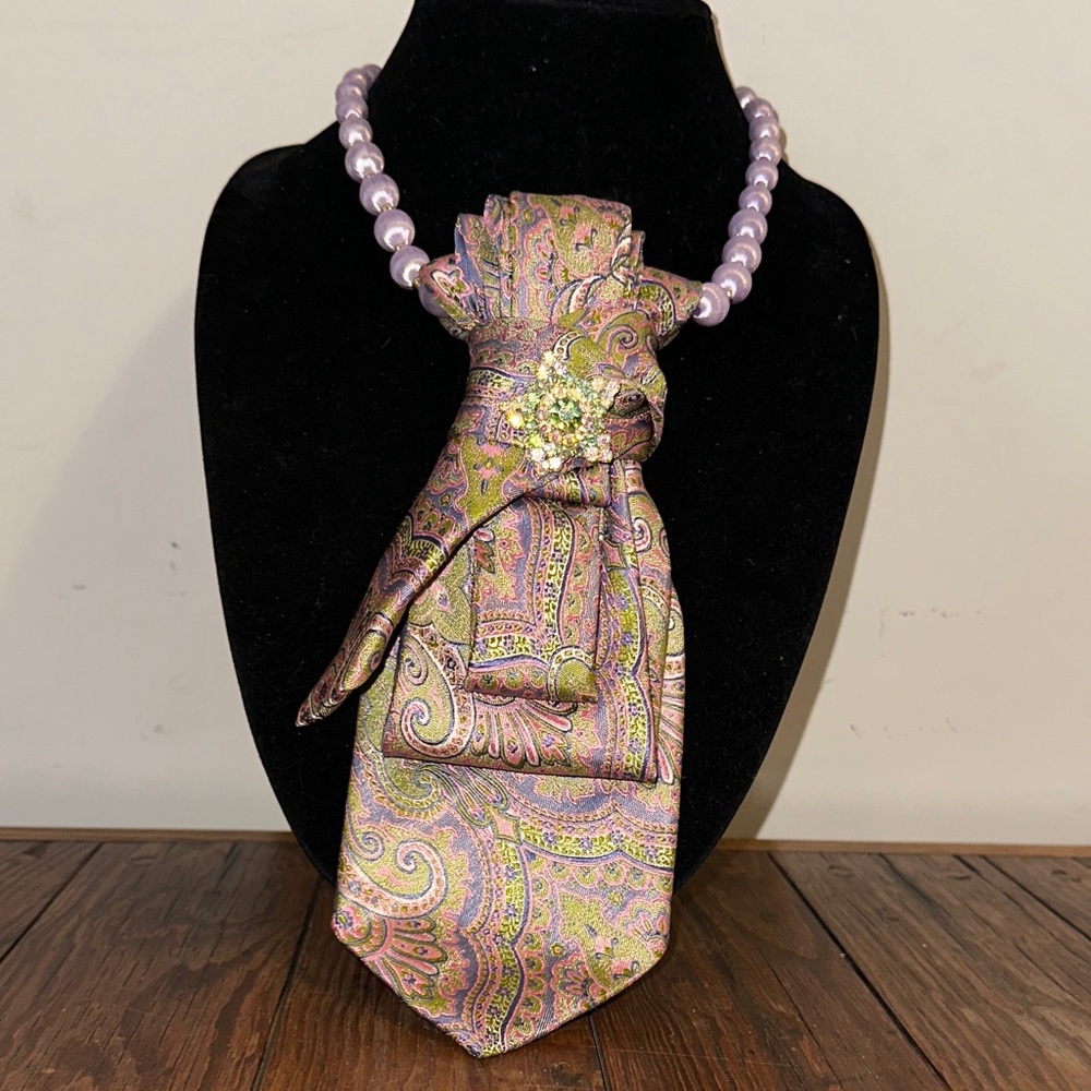 Colorful Italian Silk Paisley Tie Necklace with Rhinestone Brooch